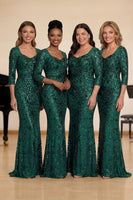 Laden Sie das Bild in den Galerie-Viewer, Glitzerndes Dunkelgrünes Meerjungfrauen Pailletten Langes Chorkleid mit 3/4-Ärmeln