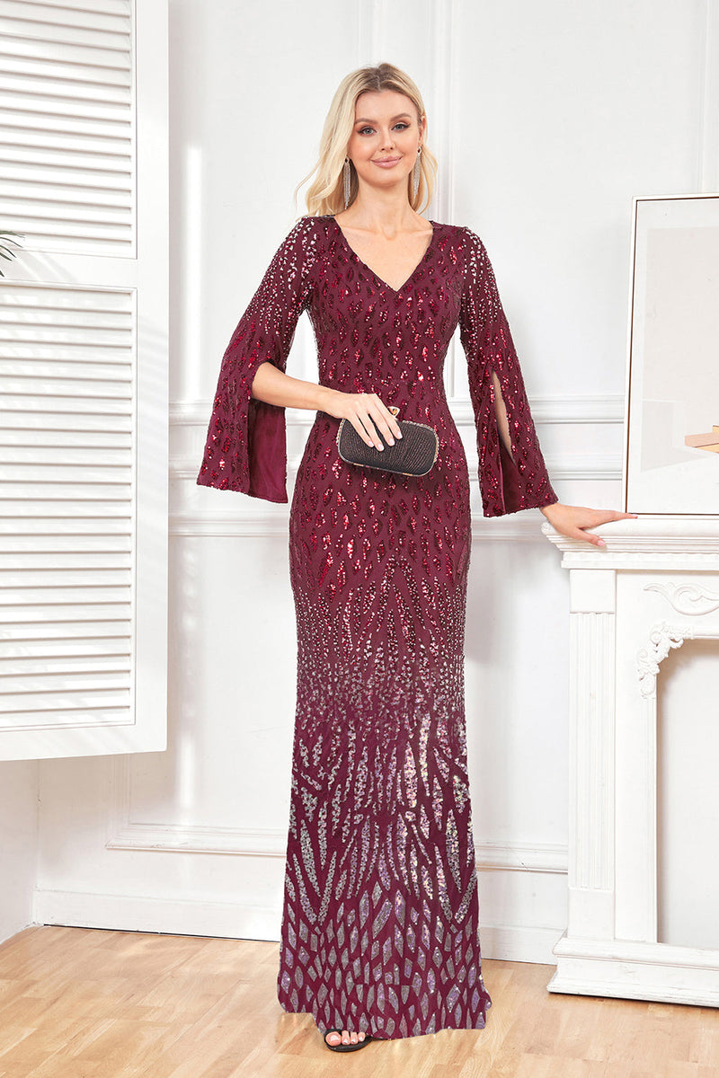 Laden Sie das Bild in den Galerie-Viewer, Glitzerndes Königsblaues V-Ausschnitt Brautmutterkleid mit langen Ärmeln