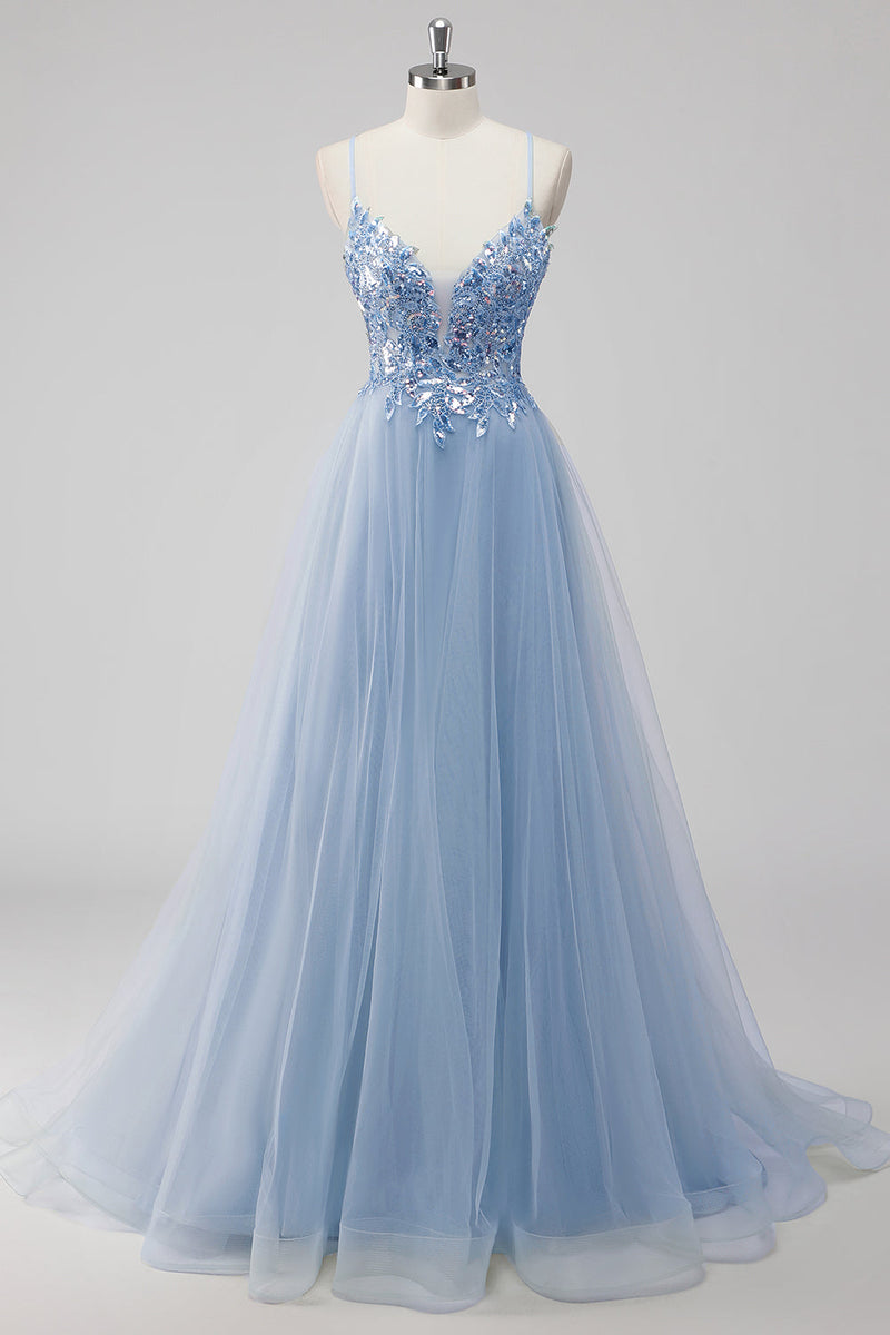 Laden Sie das Bild in den Galerie-Viewer, Grünes Langes A-Linie Pailletten Tüll Ballkleid mit Schnürung am Rücken