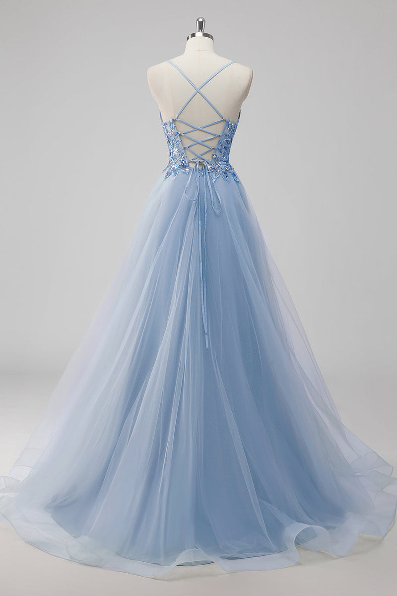 Laden Sie das Bild in den Galerie-Viewer, Rosa A-Linie Spaghettiträger Langes Ballkleid aus Tüll mit Paillettenapplikationen