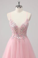 Laden Sie das Bild in den Galerie-Viewer, Rosa A-Linie Spaghettiträger Langes Ballkleid aus Tüll mit Paillettenapplikationen