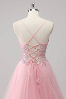 Laden Sie das Bild in den Galerie-Viewer, Rosa A-Linie Spaghettiträger Langes Ballkleid aus Tüll mit Paillettenapplikationen