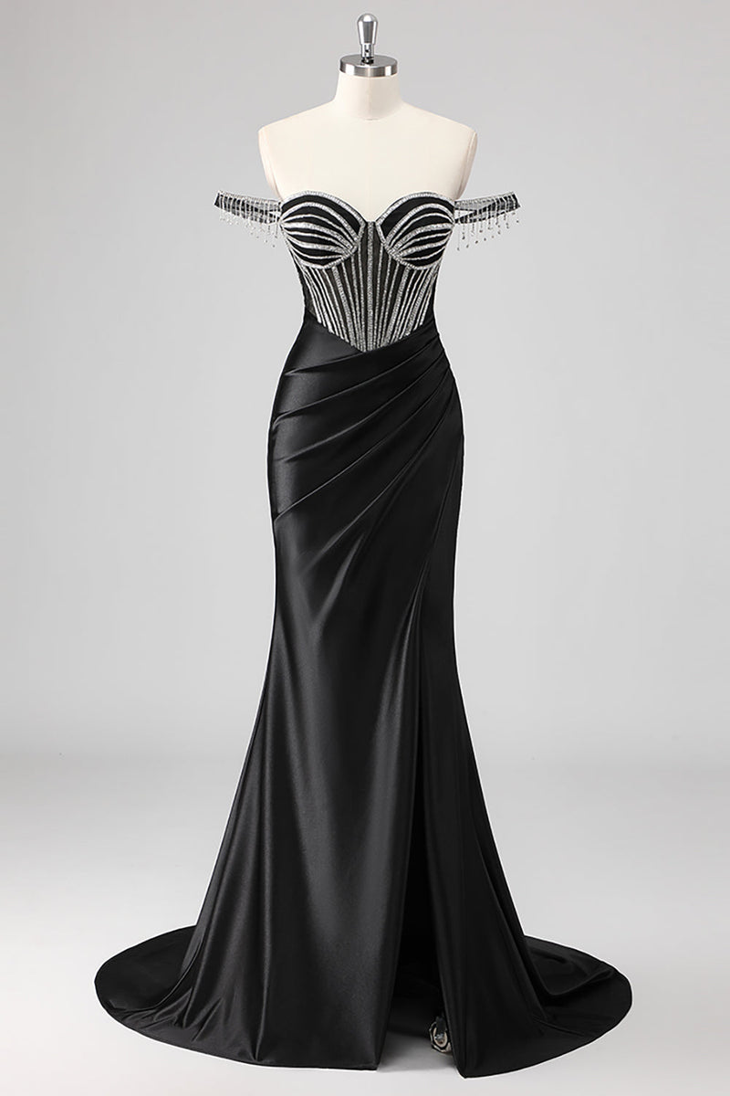 Laden Sie das Bild in den Galerie-Viewer, Glitzerndes Meerjungfrau Kalte Schulter Langes Perlenbesetztes Rosa Ballkleid mit Schlitz