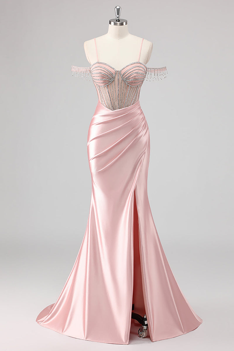 Laden Sie das Bild in den Galerie-Viewer, Glitzerndes Meerjungfrau Kalte Schulter Langes Perlenbesetztes Rosa Ballkleid mit Schlitz