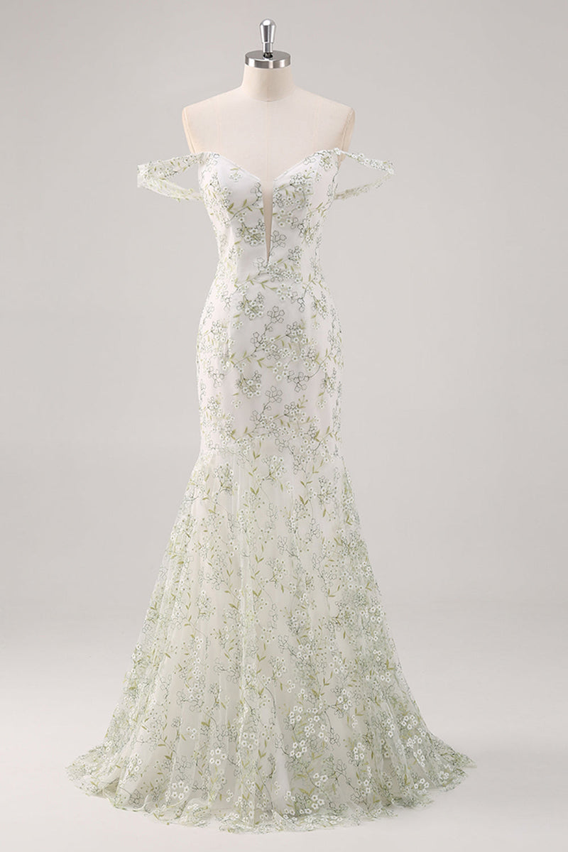 Laden Sie das Bild in den Galerie-Viewer, Meerjungfrau Weißes Grünes Schulterfreies Ballkleid mit Blume