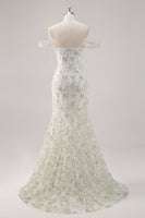 Laden Sie das Bild in den Galerie-Viewer, Meerjungfrau Weißes Grünes Schulterfreies Ballkleid mit Blume
