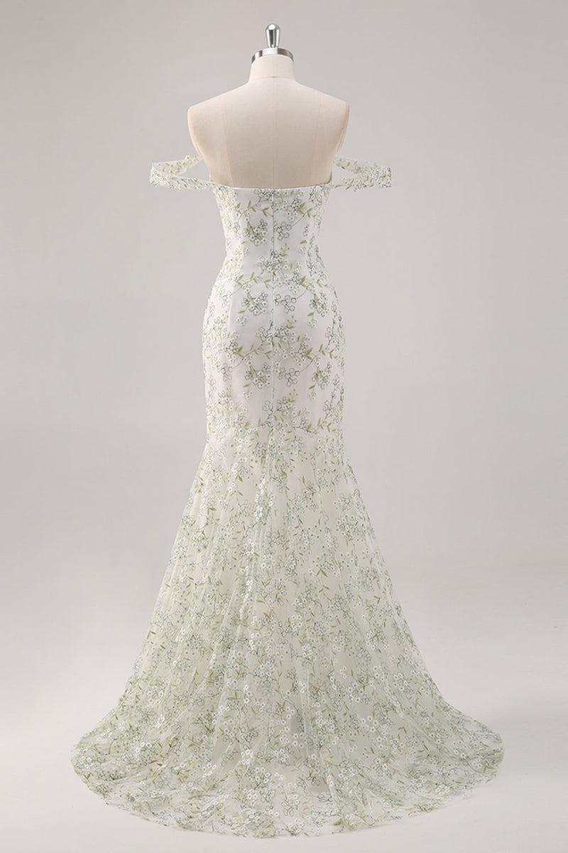 Laden Sie das Bild in den Galerie-Viewer, Meerjungfrau Weißes Grünes Schulterfreies Ballkleid mit Blume