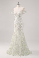 Laden Sie das Bild in den Galerie-Viewer, Meerjungfrau Weißes Grünes Schulterfreies Ballkleid mit Blume