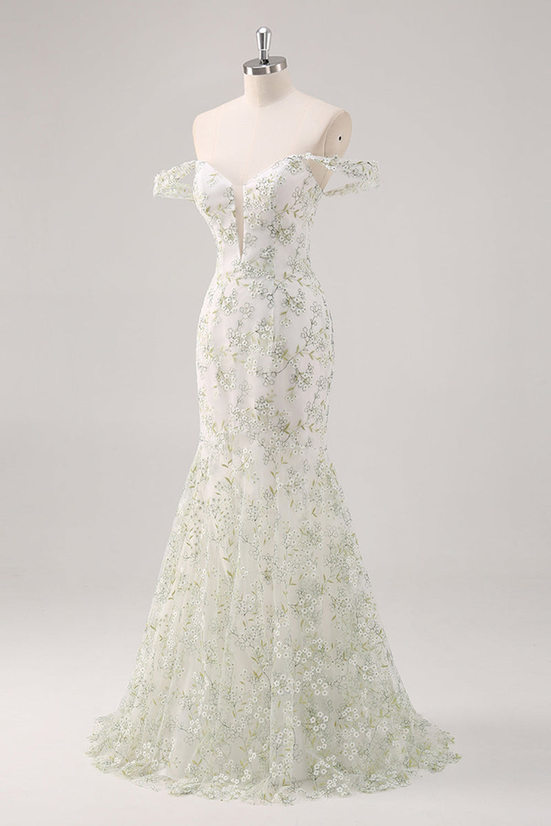 Laden Sie das Bild in den Galerie-Viewer, Meerjungfrau Weißes Grünes Schulterfreies Ballkleid mit Blume