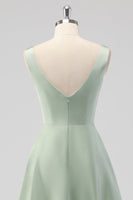 Laden Sie das Bild in den Galerie-Viewer, Salbeigrünes A-Linie Midi Brautjungfernkleid aus Satin mit quadratischem Ausschnitt