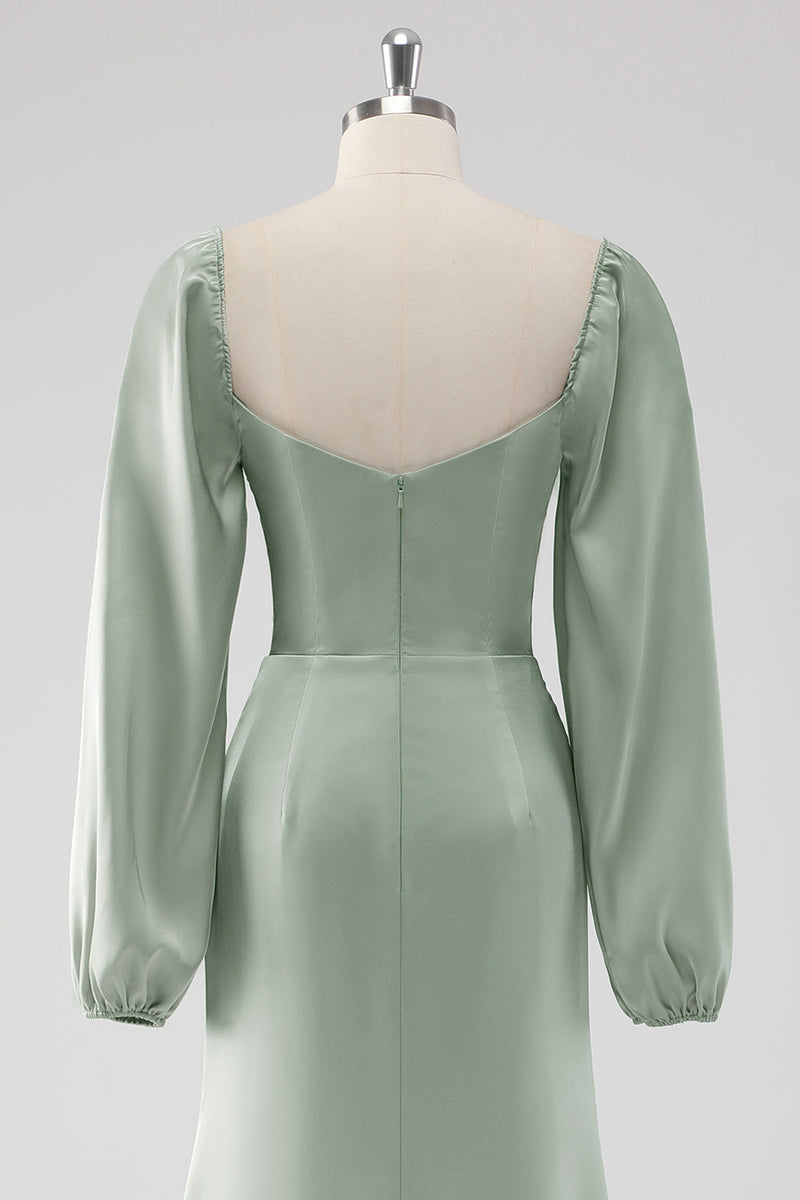 Laden Sie das Bild in den Galerie-Viewer, Salbeigrünes Schulterfreies A-Linie Brautjungfernkleid mit Puffärmeln