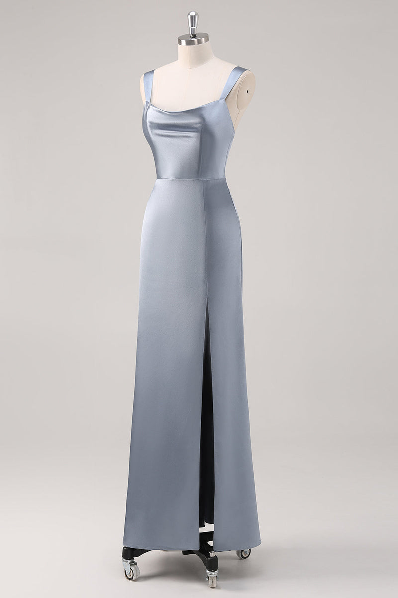 Laden Sie das Bild in den Galerie-Viewer, Einfaches Etui Grau Blau Satin Brautjungfernkleid mit Schlitz