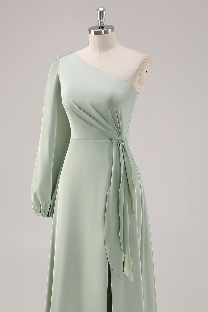 Laden Sie das Bild in den Galerie-Viewer, Salbeigrün A Linie Eine Schulter Brautjungfernkleid mit Schlitz