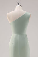 Laden Sie das Bild in den Galerie-Viewer, Einfaches Satin Salbeigrün Eine Schulter Brautjungfernkleid mit Schlitz