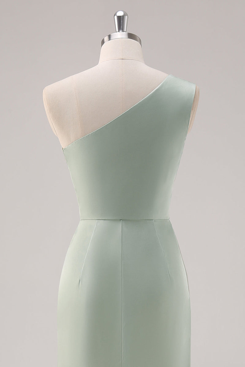 Laden Sie das Bild in den Galerie-Viewer, Einfaches Satin Salbeigrün Eine Schulter Brautjungfernkleid mit Schlitz