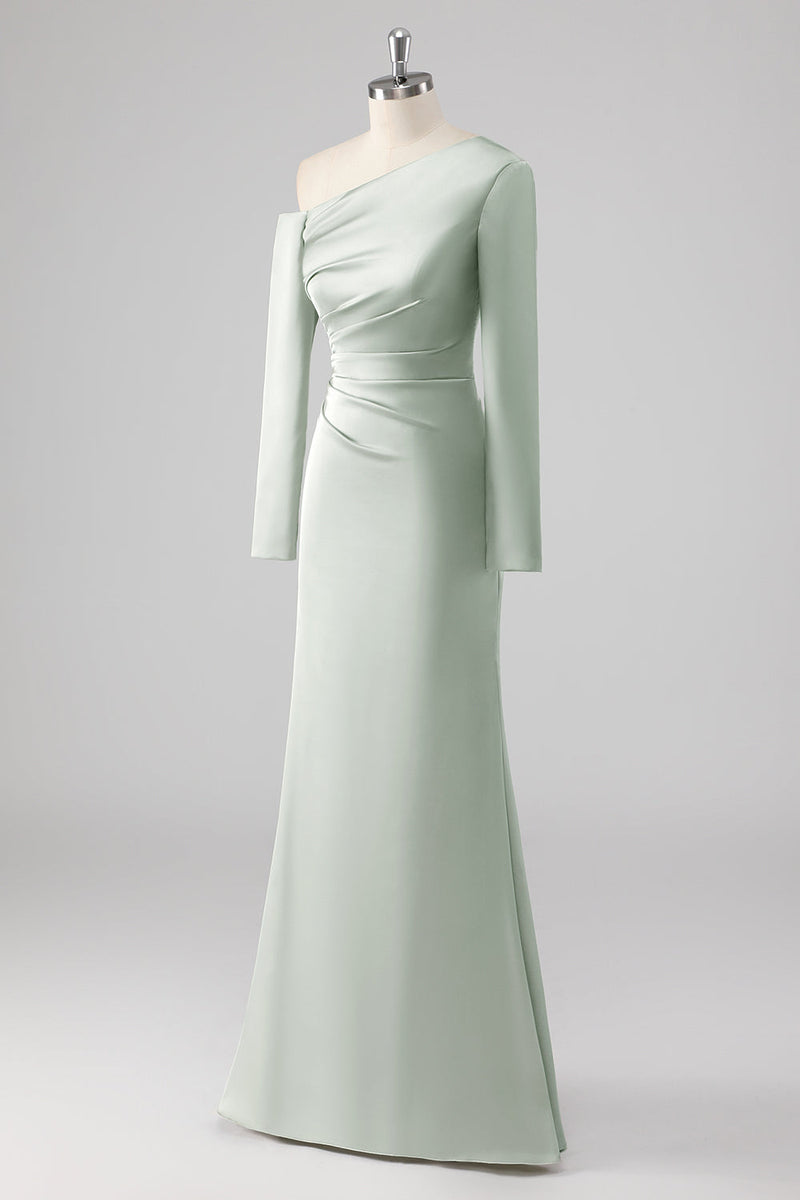 Laden Sie das Bild in den Galerie-Viewer, Eine Schulter Satin Sage Etui Brautjungfernkleid mit langen Ärmeln