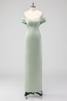 Laden Sie das Bild in den Galerie-Viewer, Salbeigrünes Schulterfreies Brautjungfernkleid aus Satin