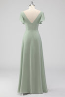 Laden Sie das Bild in den Galerie-Viewer, Salbeigrünes Langes A-Linie Flatter Ärmel Chiffon Chorkleid mit Schlitz