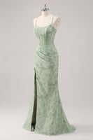 Laden Sie das Bild in den Galerie-Viewer, Blumen Grünes Korsett Meerjungfrau Brautjungfernkleid mit Schnürung und Schlitz