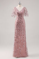 Laden Sie das Bild in den Galerie-Viewer, Zapaka Damen Dusty Rose Mutter der Braut Kleid mit kurzen Ärmeln V-Ausschnitt Etui Pailletten Stickerei Hochzeitsgastkleid