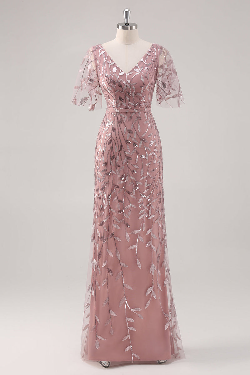 Laden Sie das Bild in den Galerie-Viewer, Zapaka Damen Dusty Rose Mutter der Braut Kleid mit kurzen Ärmeln V-Ausschnitt Etui Pailletten Stickerei Hochzeitsgastkleid