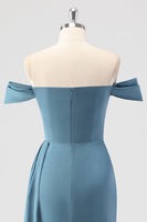 Laden Sie das Bild in den Galerie-Viewer, Staubblaues Meerjungfrauen Abendkleid aus Satin mit Schlitz