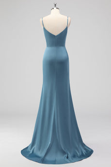 Staubblaues Spaghettiträger Meerjungfrauen Satin Langes Brautjungfernkleid mit Schlitz