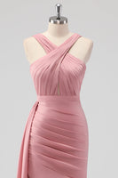 Laden Sie das Bild in den Galerie-Viewer, Blush Etui Spaghettiträger Satin Rüschen Langes Brautjungfernkleid