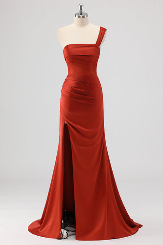 Rust Mermaid Eine Schulter Satin Langes Brautjungfernkleid mit Schlitz