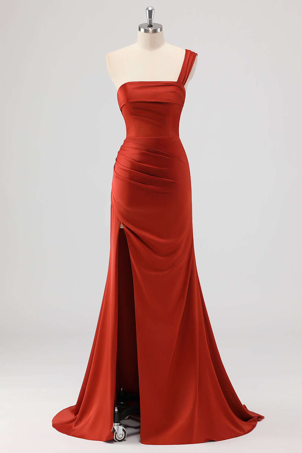 Rust Mermaid Eine Schulter Satin Langes Brautjungfernkleid mit Schlitz