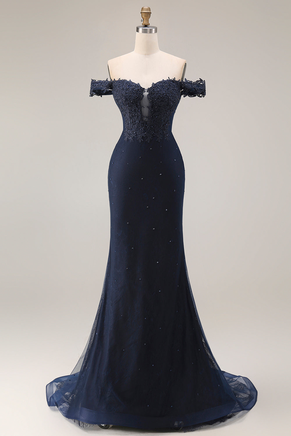 Glitzerndes Marineblaues Schulterloses Langes Meerjungfrauen Ballkleid mit Applikation und Perlen