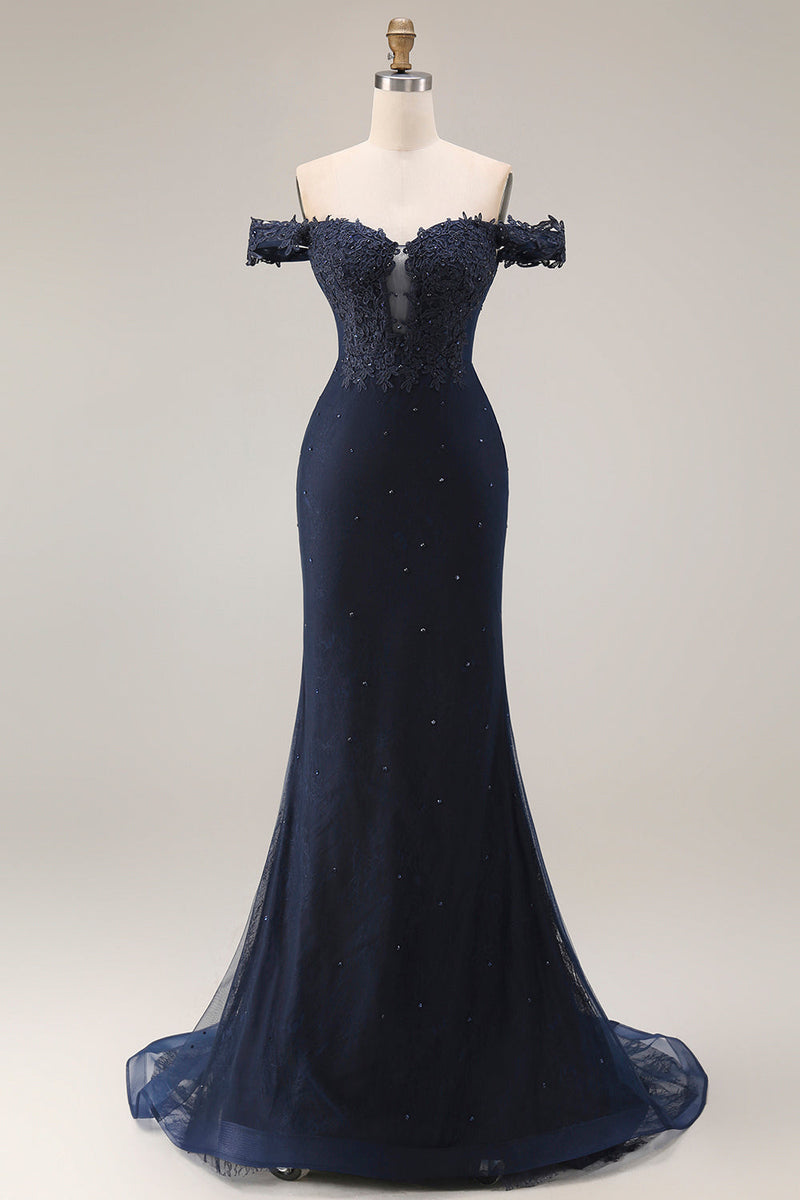 Laden Sie das Bild in den Galerie-Viewer, Glitzerndes Marineblaues Schulterloses Langes Meerjungfrauen Ballkleid mit Applikation und Perlen