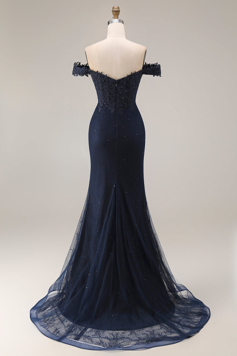 Laden Sie das Bild in den Galerie-Viewer, Glitzerndes Marineblaues Schulterloses Langes Meerjungfrauen Ballkleid mit Applikation und Perlen