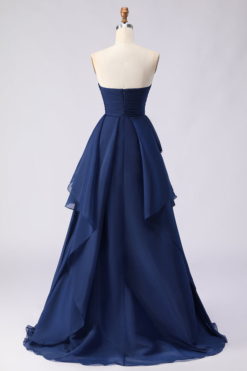 Laden Sie das Bild in den Galerie-Viewer, Marineblaues Trägerloses Rüschen Langes Ballkleid mit Falten und Schlitz