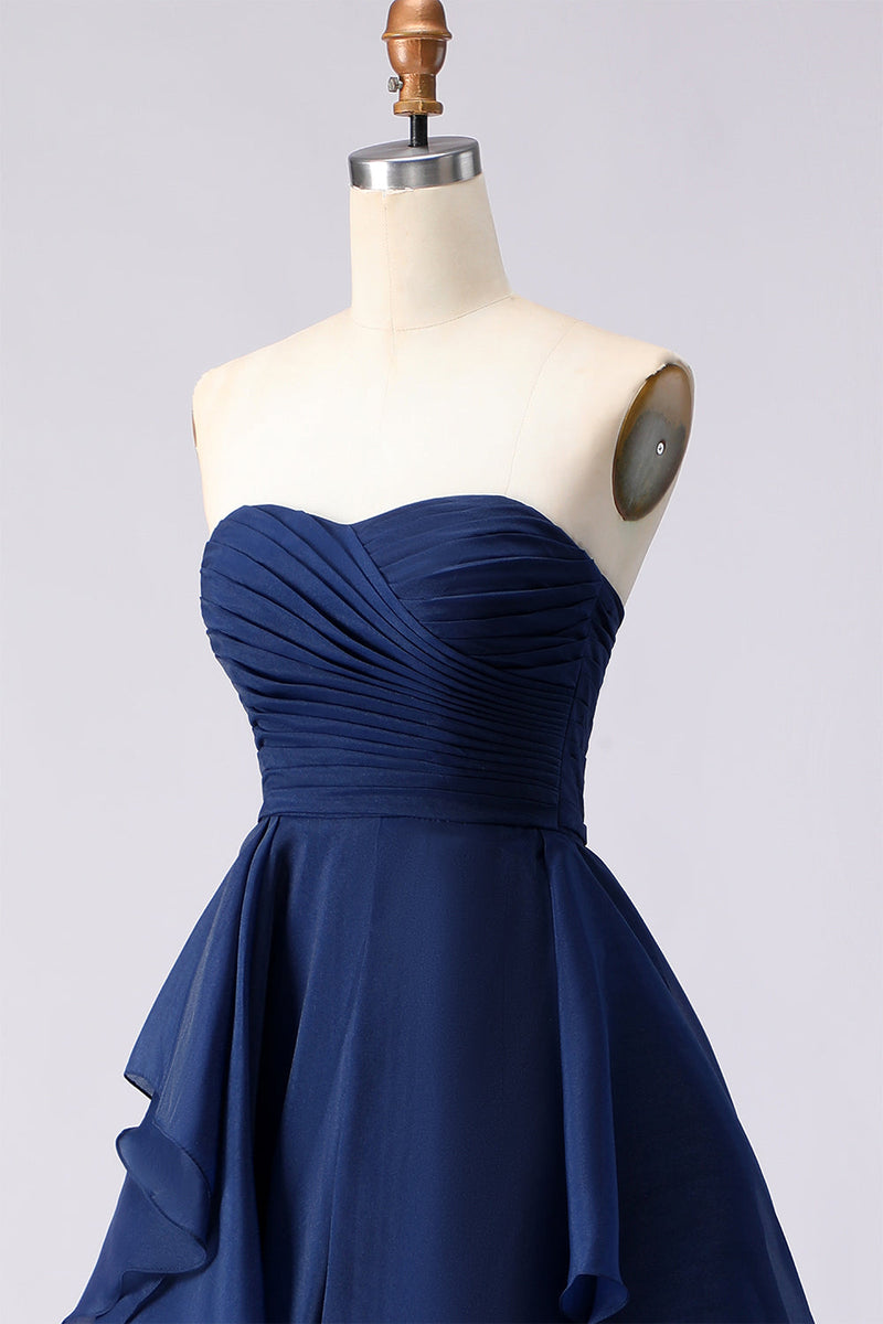 Laden Sie das Bild in den Galerie-Viewer, Marineblaues Trägerloses Rüschen Langes Ballkleid mit Falten und Schlitz