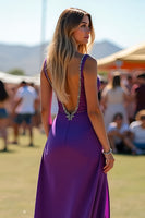 Laden Sie das Bild in den Galerie-Viewer, Dunkelviolette Spaghettiträger Langer Jumpsuit für Hochzeitsgäste mit offenem Rücken