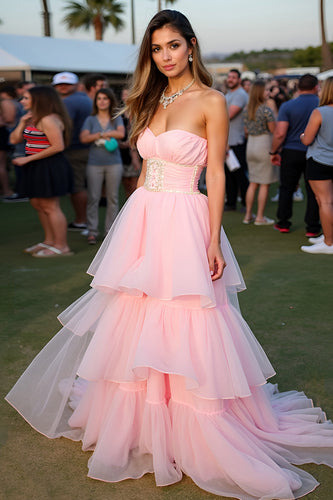 Blush Langes A-Linie Herzausschnitt Ballkleid mit Rüschen