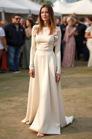 Laden Sie das Bild in den Galerie-Viewer, Aprikose A Linie Rundhalsausschnitt Rüschen Galakleid mit langen Ärmeln