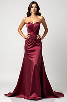 Laden Sie das Bild in den Galerie-Viewer, Trägerloses Burgundy Meerjungfrauen Satin Plissee Ballkleid