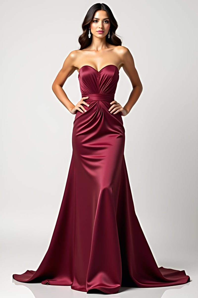 Laden Sie das Bild in den Galerie-Viewer, Trägerloses Burgundy Meerjungfrauen Satin Plissee Ballkleid