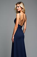 Laden Sie das Bild in den Galerie-Viewer, A Linie Marineblaues Spaghettiträger Langes Hochzeitsgastkleid