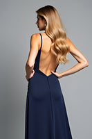 Laden Sie das Bild in den Galerie-Viewer, A Linie Marineblaues Spaghettiträger Langes Ballkleid mit Schlitz