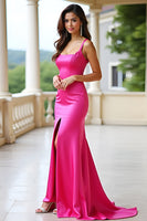 Laden Sie das Bild in den Galerie-Viewer, Fuchsia Meerjungfrau Langes Ballkleid mit quadratischem Ausschnitt und Schlitz