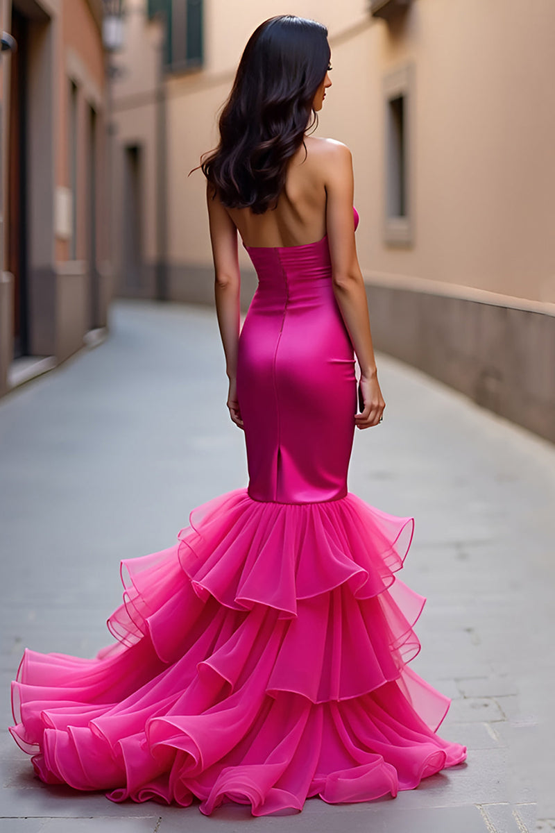 Laden Sie das Bild in den Galerie-Viewer, Fuchsia Mermaid Langes Trägerloses Ballkleid mit Rüschen