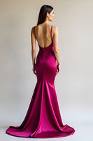 Laden Sie das Bild in den Galerie-Viewer, Fuchsia Meerjungfrau Spaghettiträger Langes Satin Ballkleid