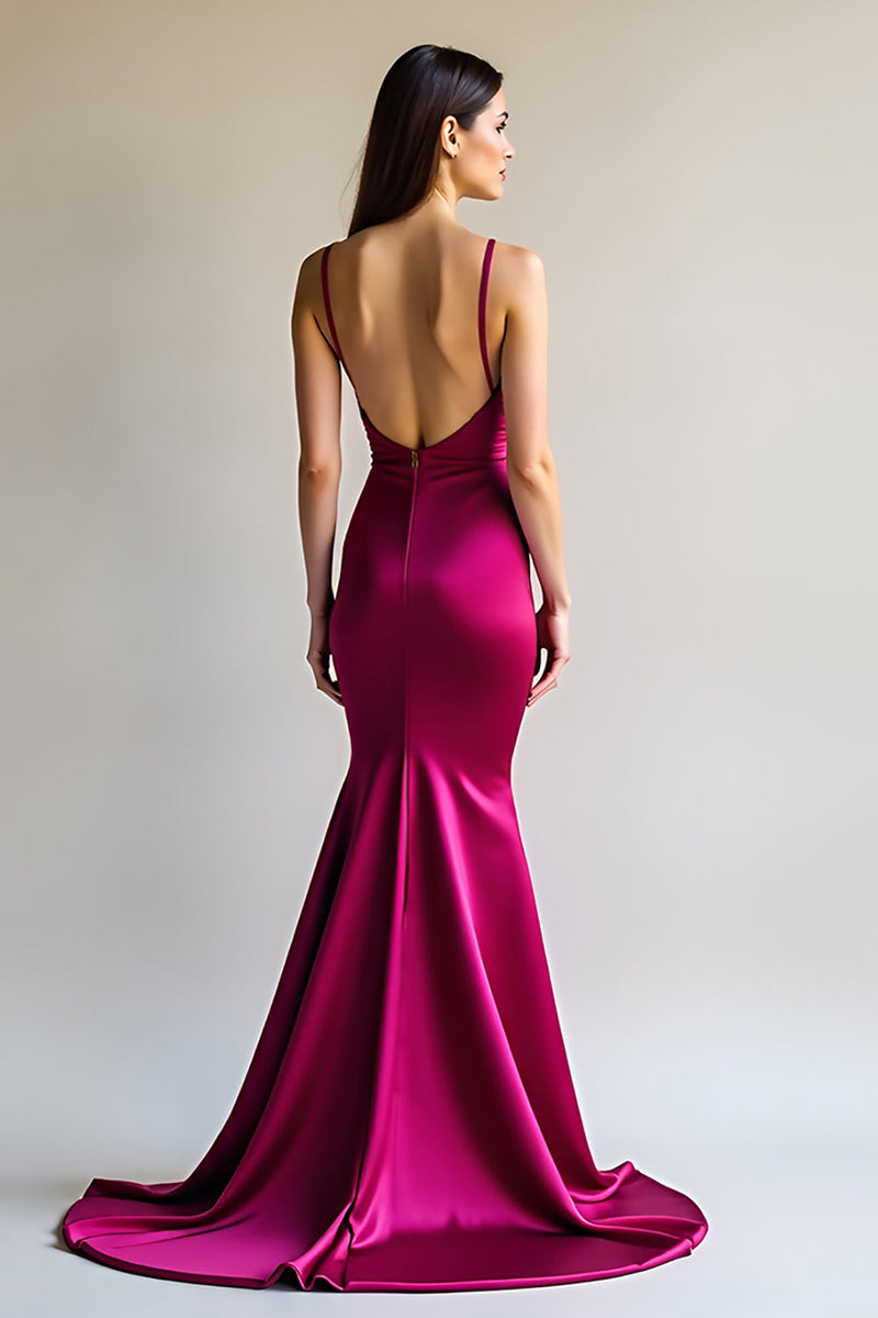 Laden Sie das Bild in den Galerie-Viewer, Fuchsia Meerjungfrau Spaghettiträger Langes Satin Ballkleid