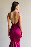 Laden Sie das Bild in den Galerie-Viewer, Fuchsia Meerjungfrau Spaghettiträger Langes Satin Ballkleid