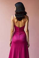 Laden Sie das Bild in den Galerie-Viewer, Fuchsia Rückenfreies Spaghettiträger A Linie Langes Ballkleid mit Schlitz