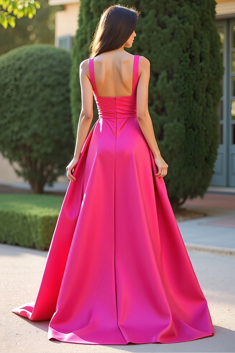 Laden Sie das Bild in den Galerie-Viewer, Fuchsia Langes A-Linie Ballkleid mit quadratischem Ausschnitt und Schlitz