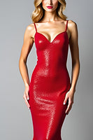 Laden Sie das Bild in den Galerie-Viewer, Funkelndes Dunkelrotes Meerjungfrauen Rückenfreies Langes Ballkleid